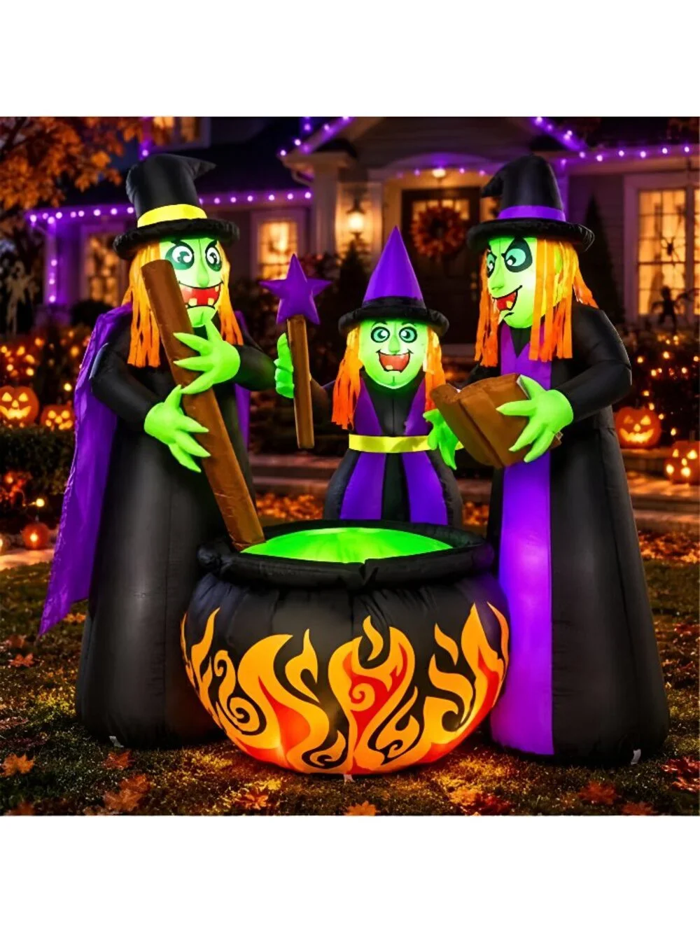 6 FT Halloween Inflatables 3 Witches Around Cauldron Outdoor Decorations, Scary